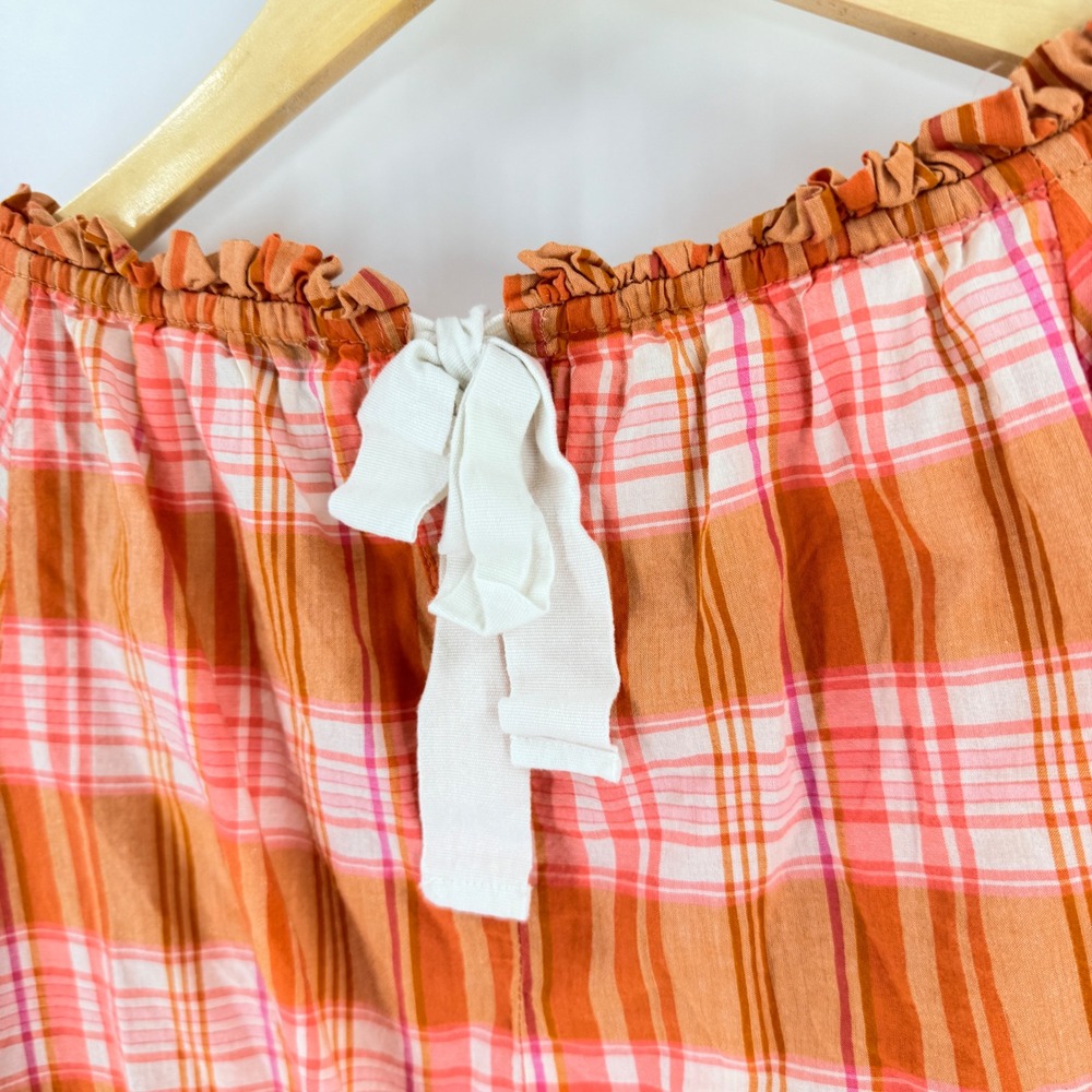 J. Crew Factory Plaid Ruffle Neck Blouse Orange XXL Coastal Cottagecore Boho - Picture 6 of 8
